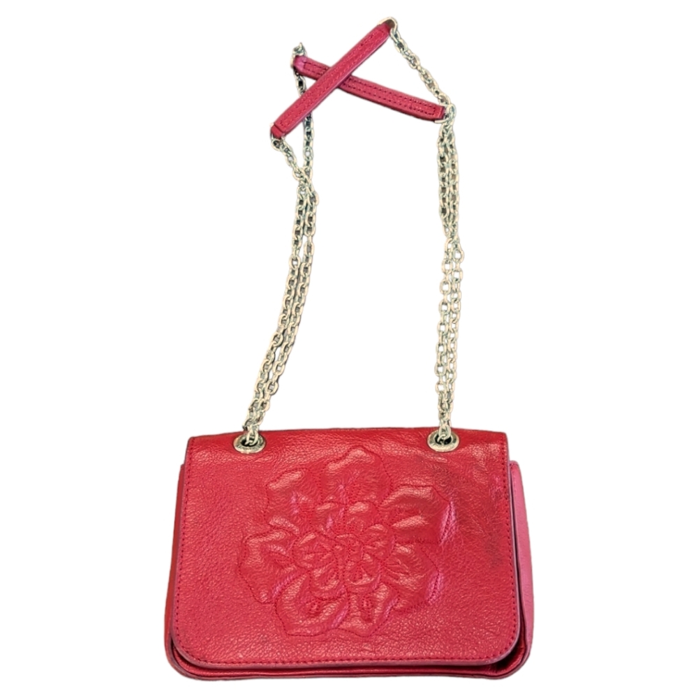 Anne Fontaine Red Leather Embroidered Rose Flower Silver Chain Classic Flap Bag